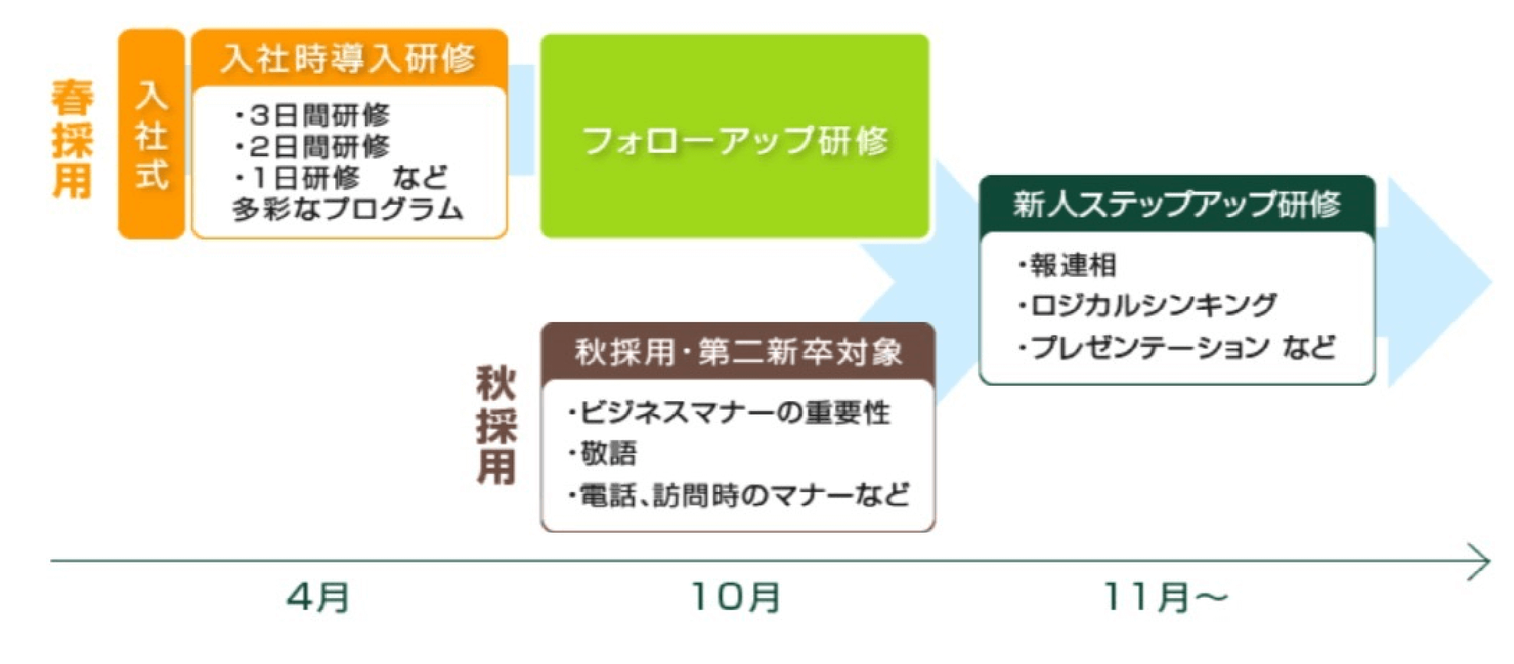 春採用は入社式後、3日研修~1日研修などの導入研修後、フォローアップ研修、秋採用はビジネスマナー研修、そしてステップアップ研修がある新入社員教育の全体のフロー図
